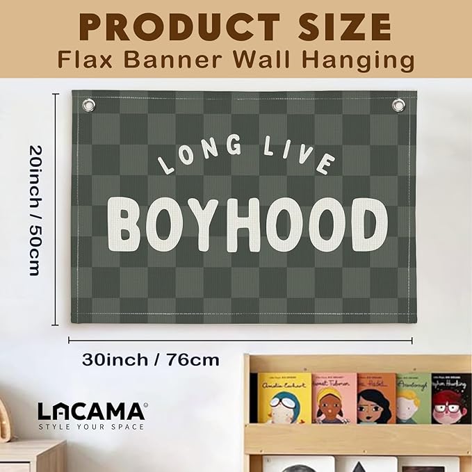 Lacama Green Long Live Boyhood Boys Room Decor, Boy Nursery Decor, Linen Banner Wall Hanging Canvas Banner Flag Decor for Toddler Boy Room Nursery 30x20 In