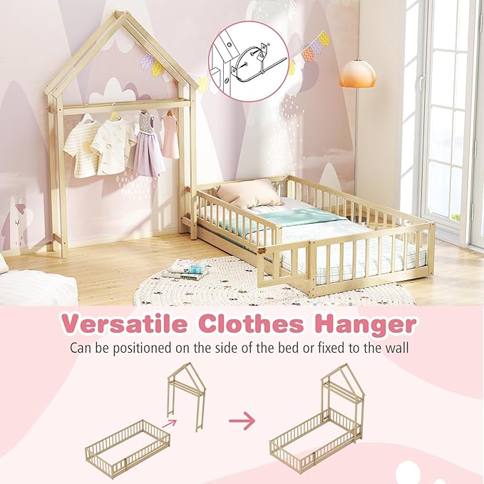 MAT EXPERT Twin Floor Bed with House-Shaped Headboard, Montessori Kids Bed with Detachable Clothes Hanger, Full Length Safety Guardrails, Solid Wood Twin Bed Frames for Kids (Natural)