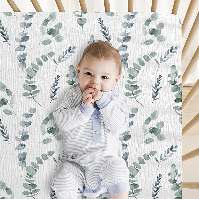 Little Grape Land Muslin Crib Sheets Fitted for Boys and Girls 2 Pack, 100% Cotton Baby Bed Sheets Soft Breathable, Neutral Fitted Baby Mattress Sheets for Standard Crib 52x28 inches, Green Leaves