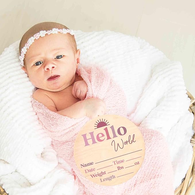 Hello World Newborn Sign - Baby Name Birth Announcement Plaque for Hospital - Photo Prop - Purple Pink Ombre Nursery Decor - Shower Gift
