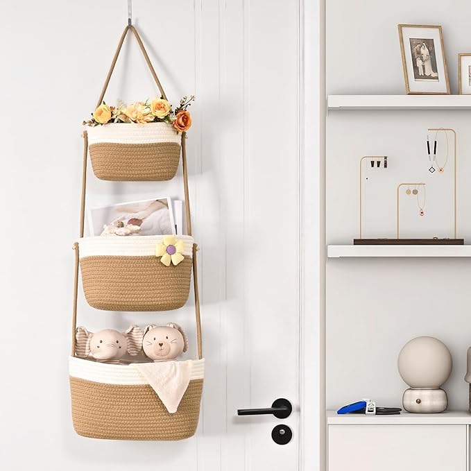 Hanging Storage Baskets, 3-Tier Over the Door Basket, Cotton Wall Baskets Storage, Detachable Hanging Door Basket with 4 Hooks, Over the Door Organizer Nursery for Bedroom, Living Room, Bathroom Wall