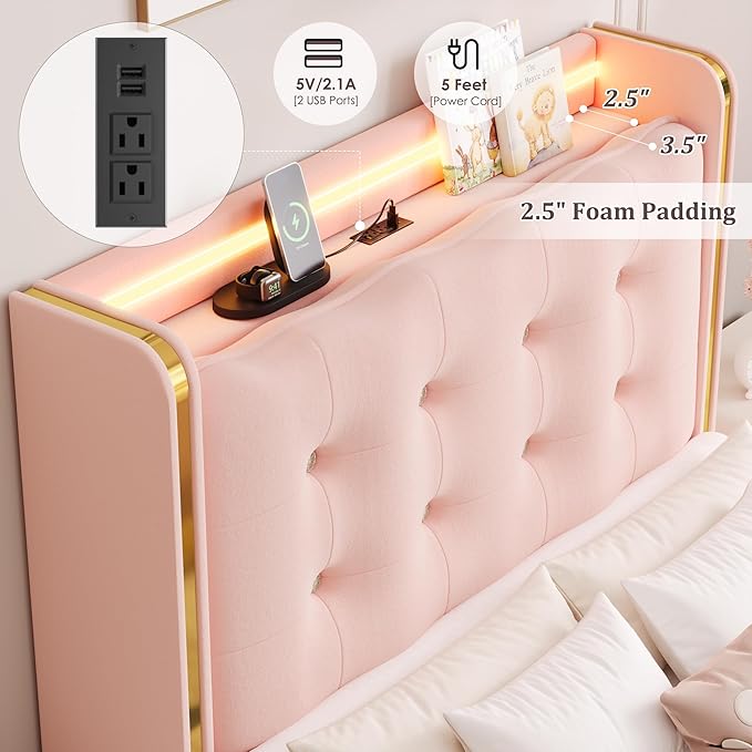 HITHOS Upholstered Twin Led Bed Frame with Charging Station and Storage Drawer, Velvet Princess Platform Bed Frames with Crystal-Button Tufted Headboard for Girls | Kids, No Box Spring Need, Pink