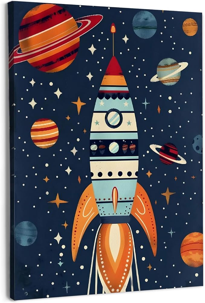 URLLUAE Rocket Ship Space Wall Art Posters for Kids Room, Colorful Outer Space Planet Canvas Poster Prints for Boys Bedroom Classroom Nursery Playroom Wall Decor, 11x14 Inch