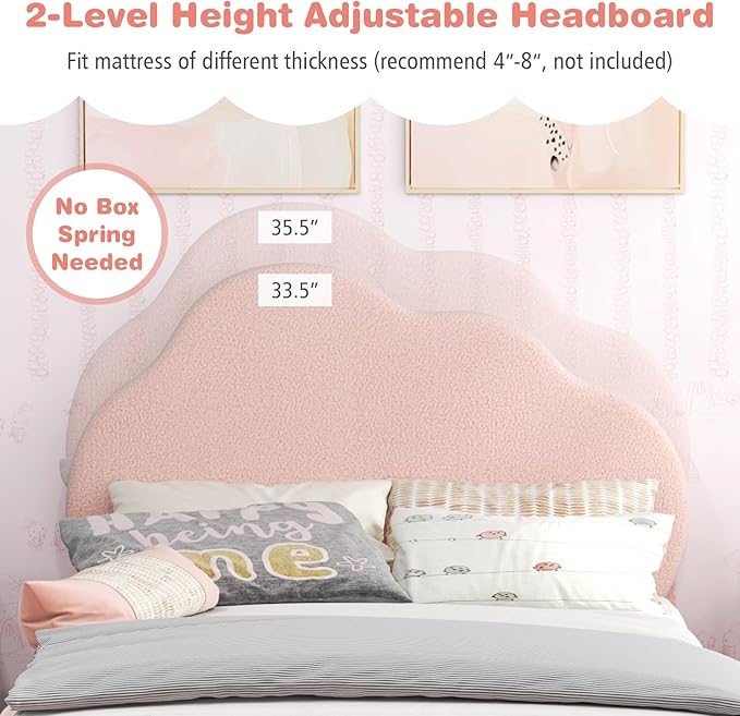 Costzon Twin Bed Frames for Kids, Upholstered Wooden Kids Bed w/Adjustable Headboard, Slats Support, 660 LBS Weight Cap, No Box Spring Needed, Easy Assembly, Twin Platform Bed Frame (Pink Cloud)