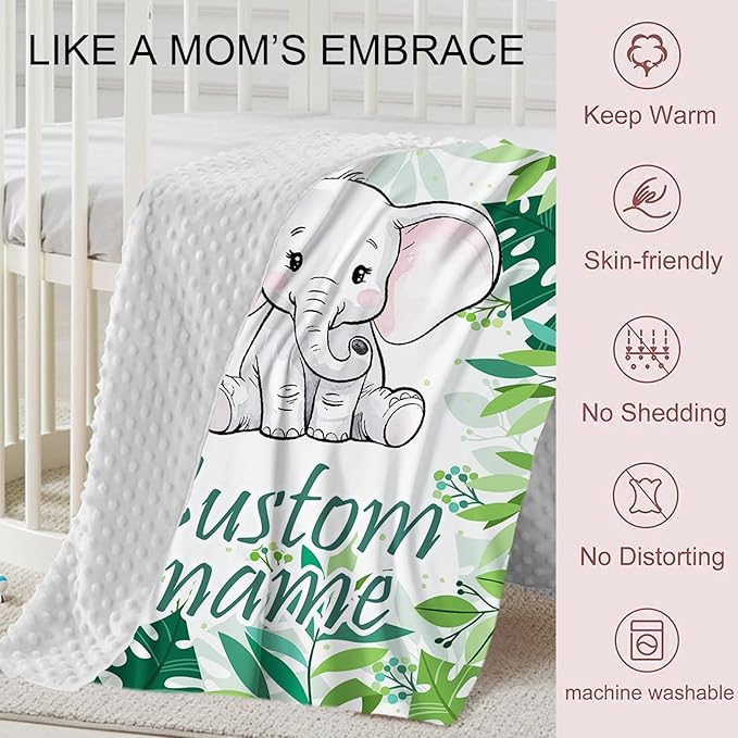 Personalized Crib Bedding Set for Boys Girls, Custom Baby Crib Sets with Name, Green Elephant Design Nursery Bedding 2 Piece - Soft Blanket with Double Layer Dotted Backing, Crib Fitted Sheet