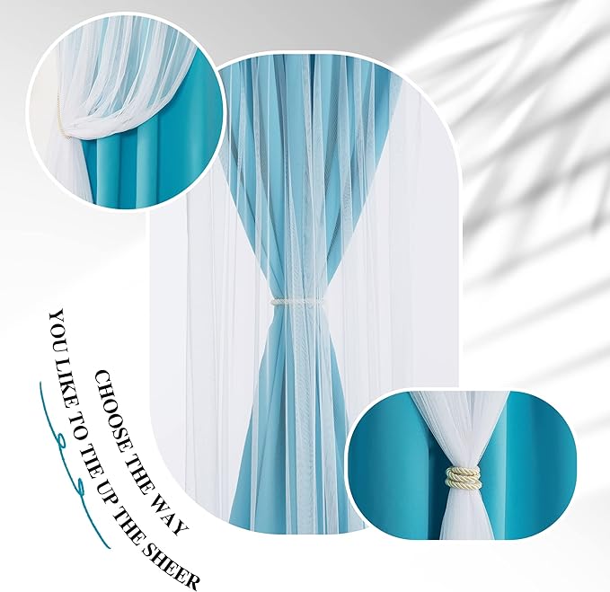 PONY DANCE Blackout Curtains 84 Inch Length - Layered Curtain Mix and Match Room Darkening Drapes with White Sheer Overlay Elegance Window Drapes with Tiebacks (One Pair, Teal Blue, 52 Inches Wide)