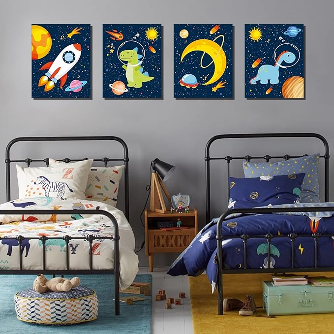 KAIRNE Outer Space Dinosaur Room Decor,Solar System Stars Wall Canvas Poster,Set Of 4 (12X16inch,framed) Planet Astronaut Art Print,Rocket Decor for Boys Room Toddler Kids Room Classroom Space Decor