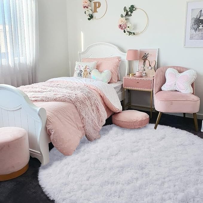 Amdrebio White Fluffy Round Rug 4Ft for Bedroom Aesthetic, Washable Fuzzy Fur Circle Area Rugs for Living Room, Plush Soft Shaggy Carpet for Nursery Dorm, Cute Kids Room Decor for Baby Teen Girls