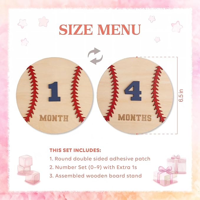 Wooden 3D Baby Monthly Milestone Cards Monthly Milestone Discs Newborn Photography Props Baby Announcement Sign Baby (Baseball)