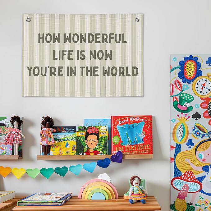 How Wonderful Life is Now Wall Art Decor, Sage Green Baby Room Nursery Linen Canvas Banner Wall Hanging Flag Decor for Toddler Girls Boys Room Playroom