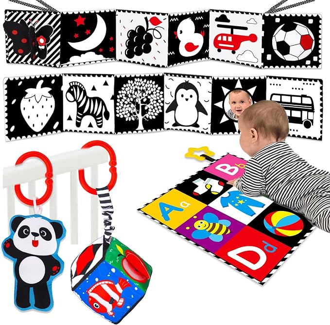 4 PCS Black and White High Contrast Baby Toys 0-3-6 Months Newborn Essential Toy for Babies Crinkle Sensory Book Brain Development Tummy Time Mirror Infant Carseat Rattle Christmas Stocking Stuffer