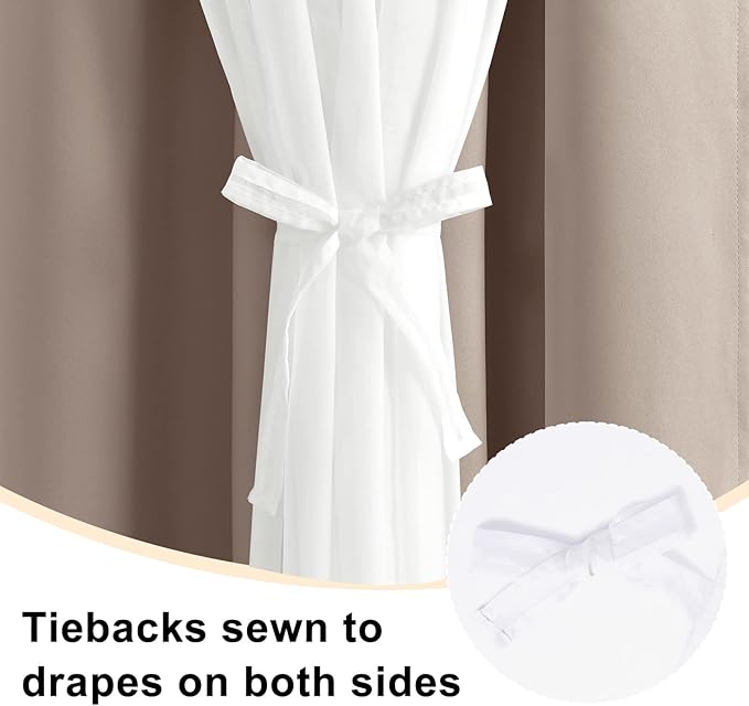 Hiasan Blackout Curtains with Sheer Overlay, Grommet Thermal Insulated Privacy Mix and Match Double Layer Window Curtains for Girls Bedroom, Living Room, 2 Drape Panels with Tiebacks, Camel, 52W X 63L