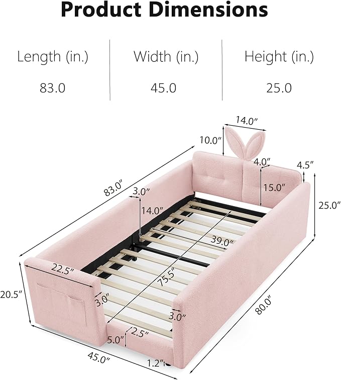DEINPPA Twin Size Platform Bed Frame with Rabbit Ear Shaped Headboard and Pocket, Boucle Upholstered Bed Frame with Guardrail for Children Kids Boys Girls-Pink