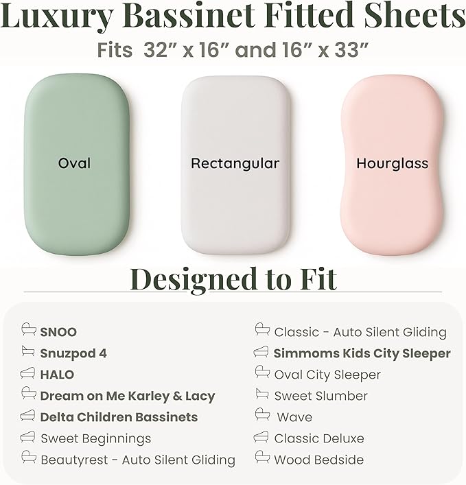 GOTS 100% Organic Bassinet Sheets - Luxurious Turkish Cotton for Halo, SNOO, Dream on Me Karley & Lacy, Delta Children and Simmons Kids City Sleeper Oval or Rectangle Bassinet Bed Pads or Mattresses