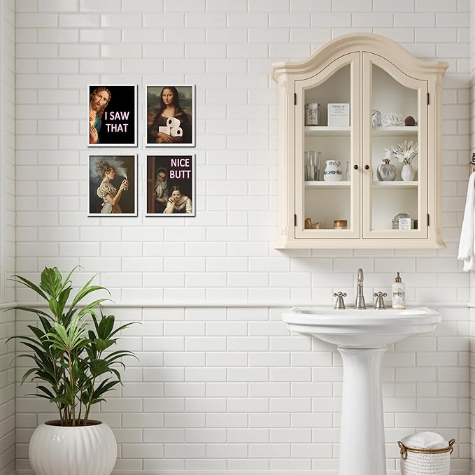 OFJE Funny Jesus I Saw That Classical Art Prints Set of 4, Vintage Humor Bathroom Wall Art for Bathroom Home Bedroom Living Room Decor,Funny Artwork Decor, 8x10 Unframed