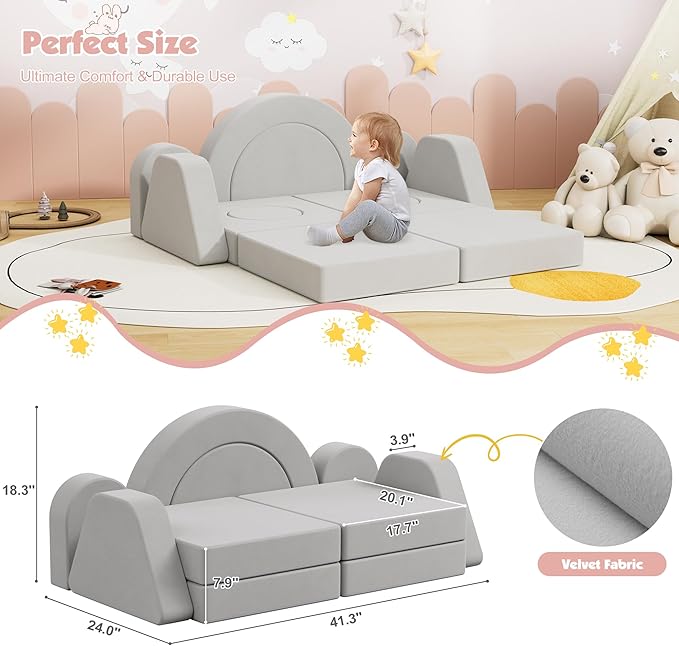 12 PCS Modular Kids Play Block Couch Child Sectional Sofa Toddler Building Fortplay Bedroom Playroom Baby Convertible Floor Foam Cushion for Boys & Girls (Light Gray-Double)