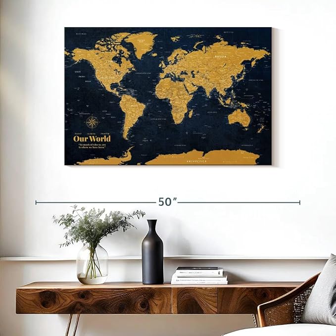 ElephantStock - Personalized Push Pin World Map - Gold Wall Art - Horizontal Canvas Wall Art - Living Room Wall Decor - Digital Art Map Canvas Art - Orange And Blue Decor - 39" x 26"