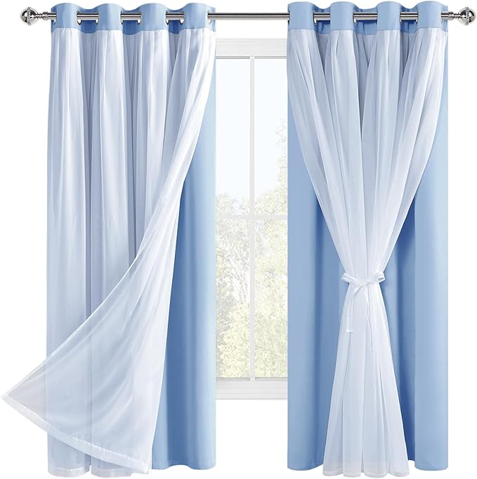 Hiasan Blackout Curtains with Sheer Overlay, Grommet Thermal Insulated Privacy Mix and Match Double Layer Window Curtains for Bedroom, Living Room, 2 Drape Panels with Tiebacks, Baby Blue, 52W X 63L