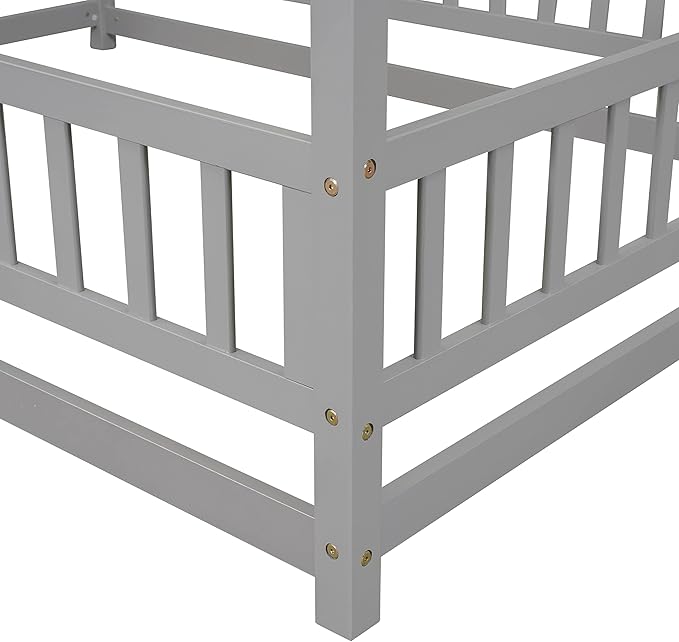 Bellemave Full Size House Bed Frame for Kids,Full Floor Bed,Wooden Montessori Floor Bed with Fence and Roof,Full Kids Bed Frame for Girls,Boys,Gray