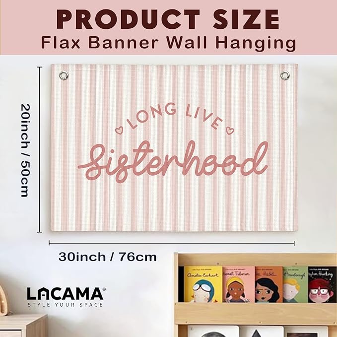 Lacama Long Live Sisterhood Banner, Pink Linen Banners Wall Hanging Banner Flag Decor for Toddler Girls Room Nursery, Wall Hanging Flag 30x20 In
