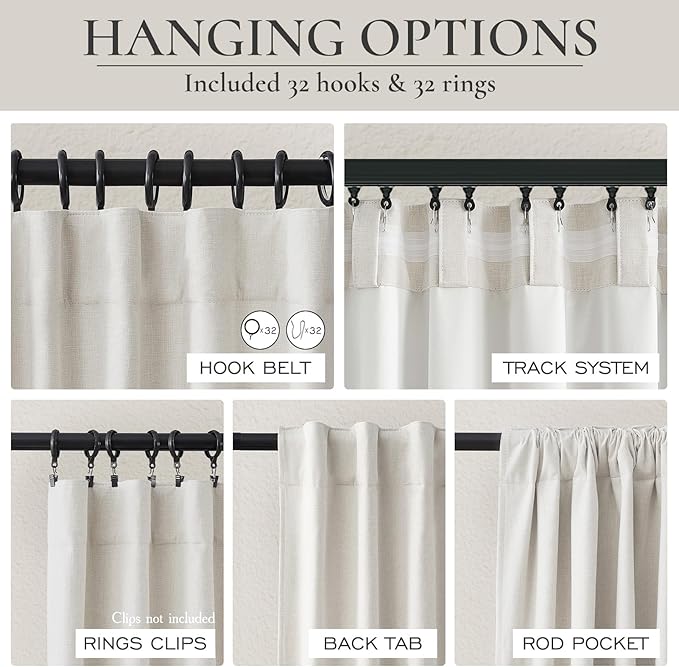 100% Blackout Curtains 94 Inches Long for Living Room 2 Panels Set, Room Darkening Energy Saving Curtain Window Coverings Elegant Flax Linen Hook Belt Pleated Drapes Aesthetic Bedroom(W50"xL94",Birch)