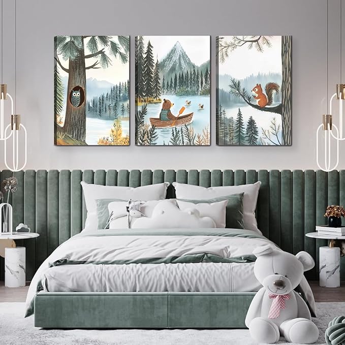 Woodland Animal Canvas Wall Art Set of 3 Bear Owl & Squirrel Posters Prints Adventure Theme Nursery pictures Wall Decor for Kids Bedroom or Playroom Ready to Hang(12x16in canvas)