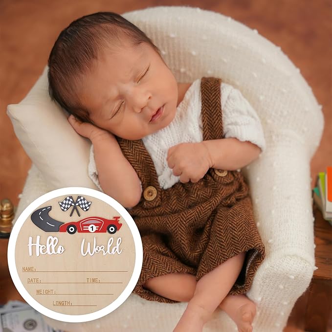Baby Announcement Sign, 15cm/5.91in Wooden Hello World Newborn Bulletin Board with Pen Race Car & Checkered Flag Decor Welcome Birth Name Plaque for Home Hospital Nursery