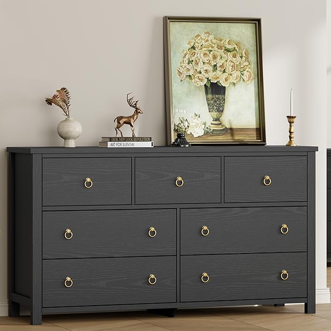 IDEALHOUSE Dresser for Bedroom with 7 Drawers, 54'' Wide Chest of Drawers with Large Clothes Storage Cabinet, Wood Bedroom Dresser, TV Stand for Nursery, Living Room, Hallway, Black