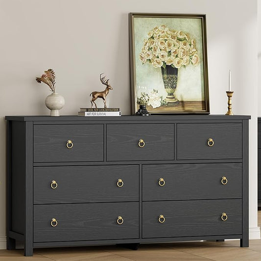 IDEALHOUSE Dresser for Bedroom with 7 Drawers, 54'' Wide Chest of Drawers with Large Clothes Storage Cabinet, Wood Bedroom Dresser, TV Stand for Nursery, Living Room, Hallway, Black