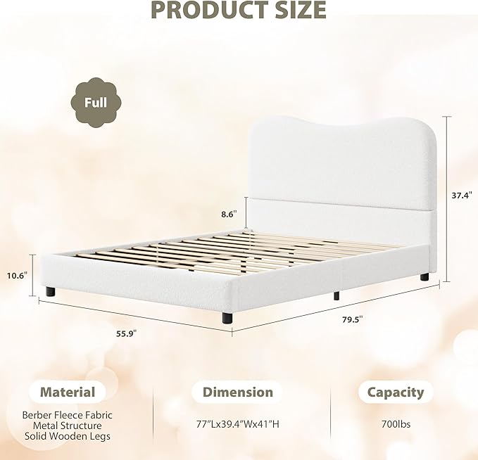 Senfot White Boucle Bed Frame with Upholstered Headboard, Soft Low Profile Sturdy Platform Bed with Rounded Corners Design, Heavy Duty, Wooden Slats, Noise Free, No Box Spring Needed, Full Size