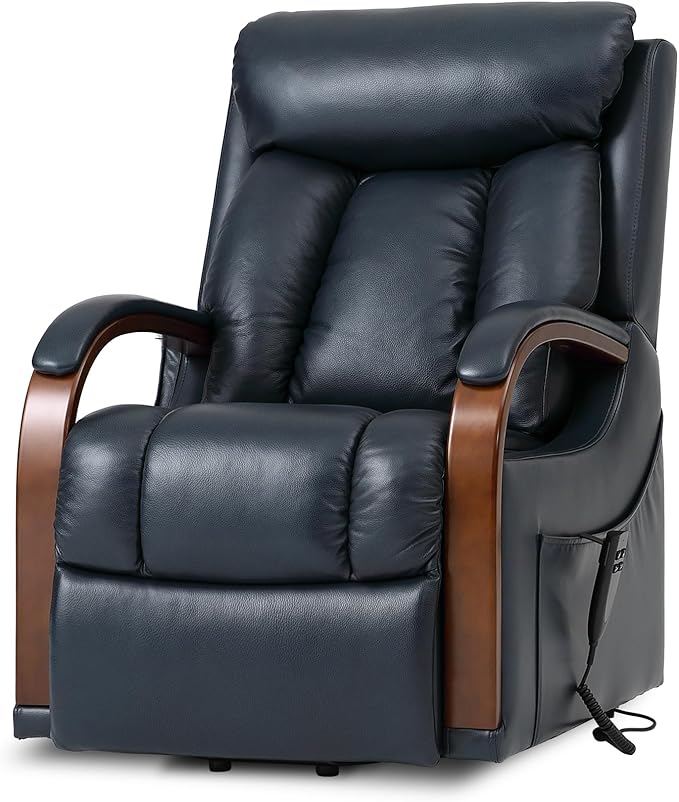 DYNOX Small Lift Chair Recliner with Heat and Massage, Dual Motor Power Lift Sofa for Elderly,Infinite Adjust for Back and Footrest,Side Pocket(9185,Genuine Leather,Blue