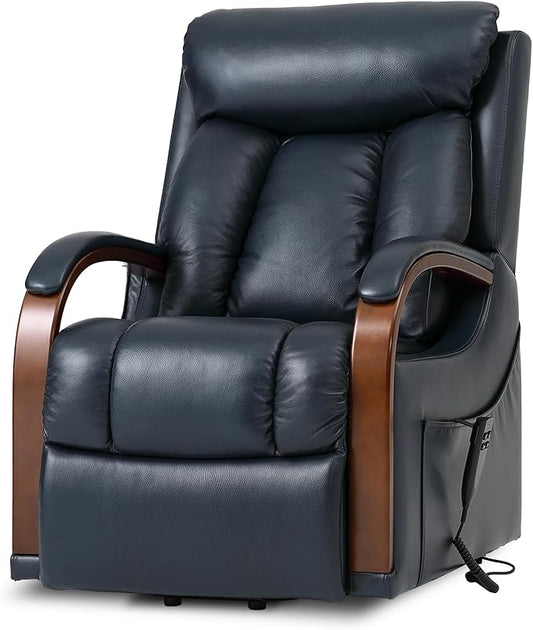 DYNOX Small Lift Chair Recliner with Heat and Massage, Dual Motor Power Lift Sofa for Elderly,Infinite Adjust for Back and Footrest,Side Pocket(9185,Genuine Leather,Blue