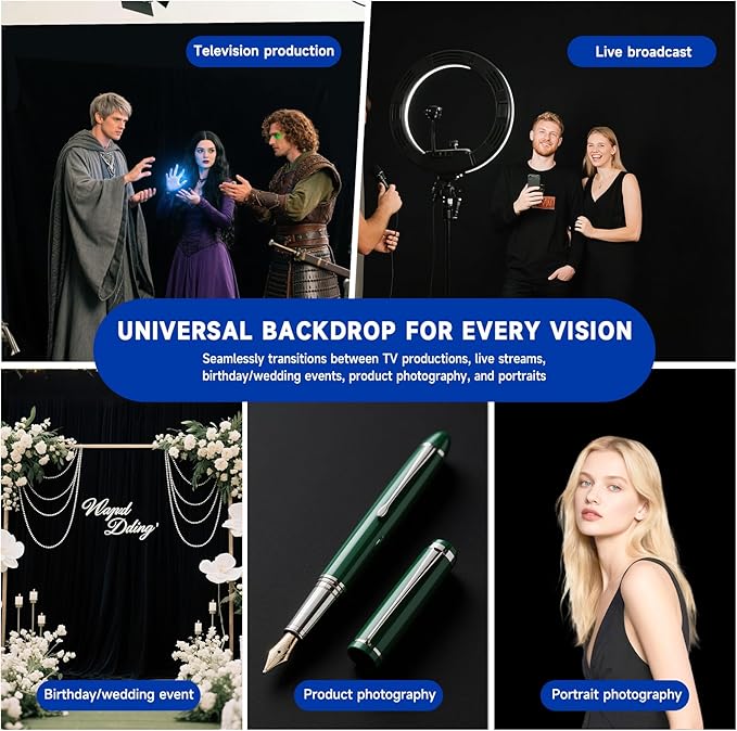 YSKE-Y1 10x10ft Black Photo Backdrop, Seamless Fabric Background Photography Backdrop Curtain Screen for Photoshoot Video Studio Party