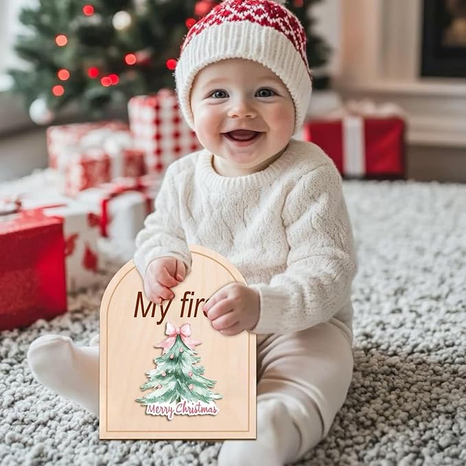 Monthly Baby Milestone Wooden Signs, Double-Sided Bow-Themed Baby Milestone Discs with Hello World & My First Holiday Designs – Cute Baby Announcement Sign & Photoshoot Props for Boys and Girls (Bow)