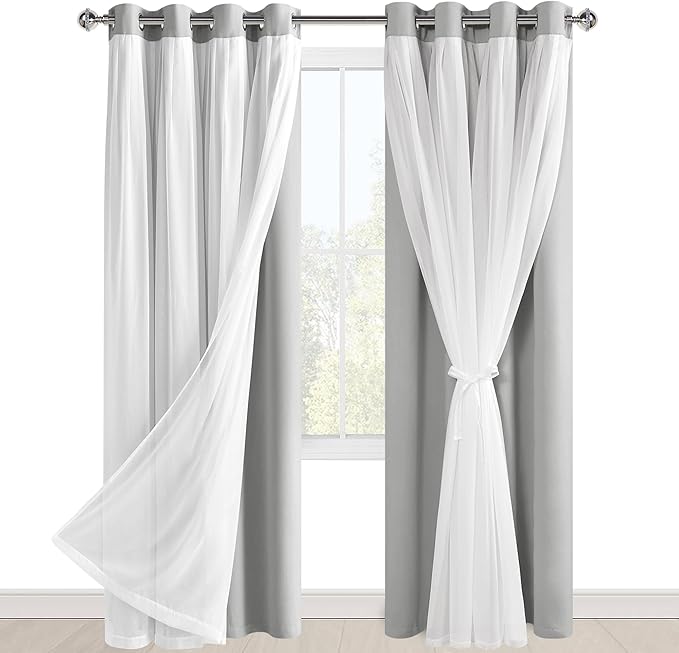 Hiasan Blackout Curtains with Sheer 84 Inches Long, Grommet Thermal Insulated Mix & Match Double Layer Window Curtains for Bedroom, Living Room, 2 Drape Panels with Tiebacks, Silver Grey, 52W X 84L