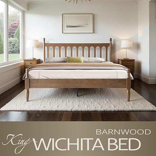 King Size Solid Wood Platform Bed Frame with Headboard & Footboard, 12 Sturdy Slatted Base, Metal Legs, No Box Spring Needed, Anti-Slip & Noise-Free, Easy Assembly, Barnwood Finish, WCK-30