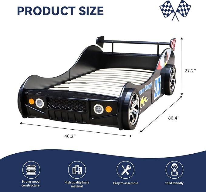 HMFULE Twin Bed Frames for Kids, Wood Race Car-Shaped Bed Frame Platform with Wheels LED Lights & Slat Support for Toddler, Teens, Boys or Girls, No Box Spring Needed (Black)