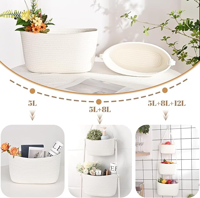 Hanging Storage Baskets, 3-Tier Over the Door Basket, Cotton Wall Baskets Storage, Detachable Hanging Door Basket with 4 Hooks, Over the Door Organizer Nursery for Bedroom, Living Room, Bathroom Wall