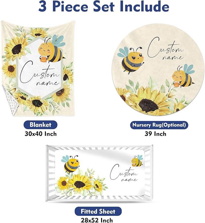 Custom Baby Crib Bedding Set - Yellow Bee Design Personalized Name Baby Nursery Bedding 3 Pcs Set - Chic Soft Blanket, Fitted Sheet, Room Rug for Newborns Boys Girls Gifts