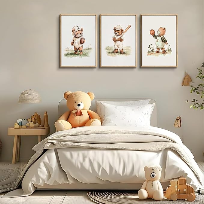 3Pcs Nursery Teddy Bear Canvas Wall Art Vintage Sports Bear Wall Decor Sports Boys'Room Artwork Prints Basketball Football Baseball Painting Pictures for Children's Room Boys' Room (16x24in poster)