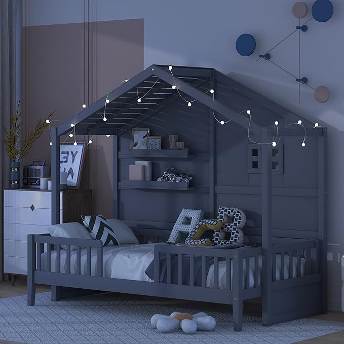 Merax Twin Size House Bed with Shelves, House Bed with Window and Sparkling Light Strip on The Roof, Grey