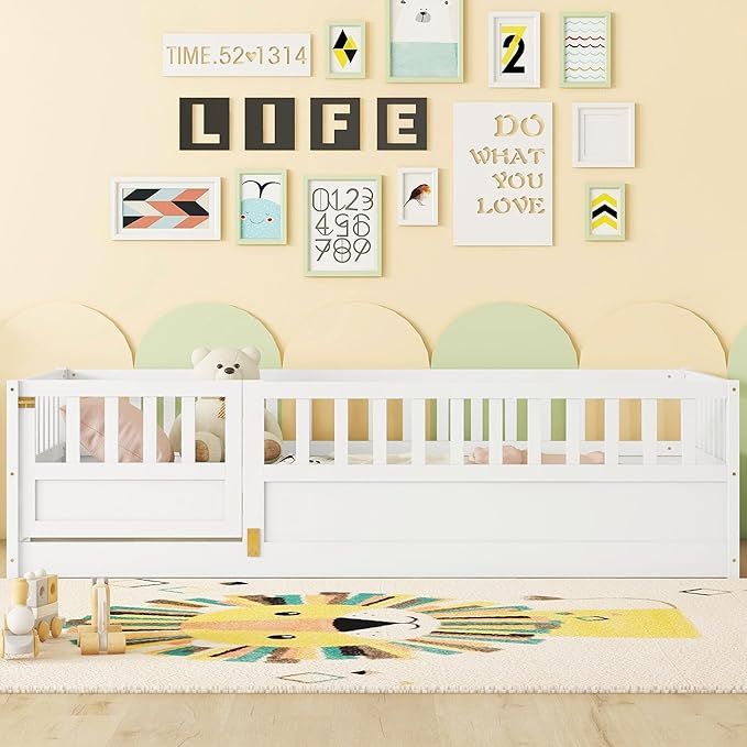 Bellemave Twin Floor Bed with Slats and High Fence, Twin Size Montessori Floor Beds with Door, No Box Spring Needed, Easy Assemble Montessori Bed Frame(White Twin)