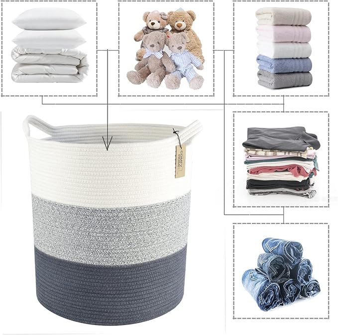 COMFY-HOMI XXL Large Laundry Basket with Handles Blanket Baskets Living Room|Woven Cotton Rope Decorative Basket Laundry Hamper Baby Gift Nursery Dog Toy Storage Organizer Bin-16”x18”-3Tone Grey
