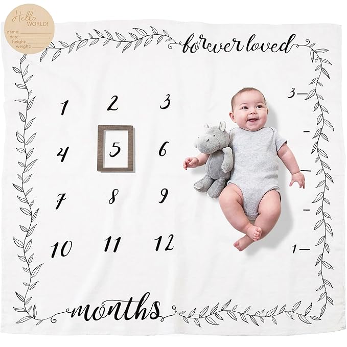Pondering Pine Organic Baby Monthly Milestone Blanket Boy or Girl - Months Blanket with Wood Frame and Newborn Announcement Disc - Growth Chart for 1-12 Month Milestones, Gender Neutral, 47”x47”