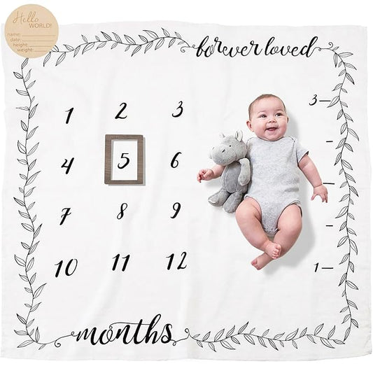 Pondering Pine Organic Baby Monthly Milestone Blanket Boy or Girl - Months Blanket with Wood Frame and Newborn Announcement Disc - Growth Chart for 1-12 Month Milestones, Gender Neutral, 47”x47”