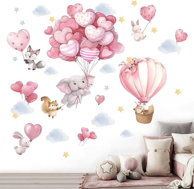 Animals Balloon Wall Stickers for Nursery: Baby Girls Kids Boys Bedroom Wall Decals - Pink Hot Air Balloon Elephant Fox