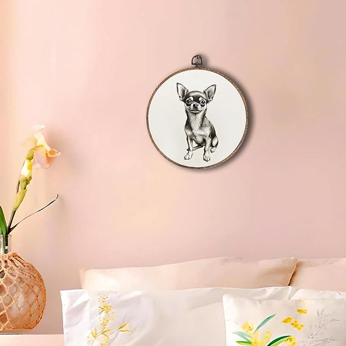 Vintage Chihuahua Round Wall Art Framed, Retro Weiner Dog Round Wall Decor, Chihuahua Weiner Dog Gifts Hanging Canvas Print Wall Sculpture for Bedroom Living Room Decor, 10x10 Inch