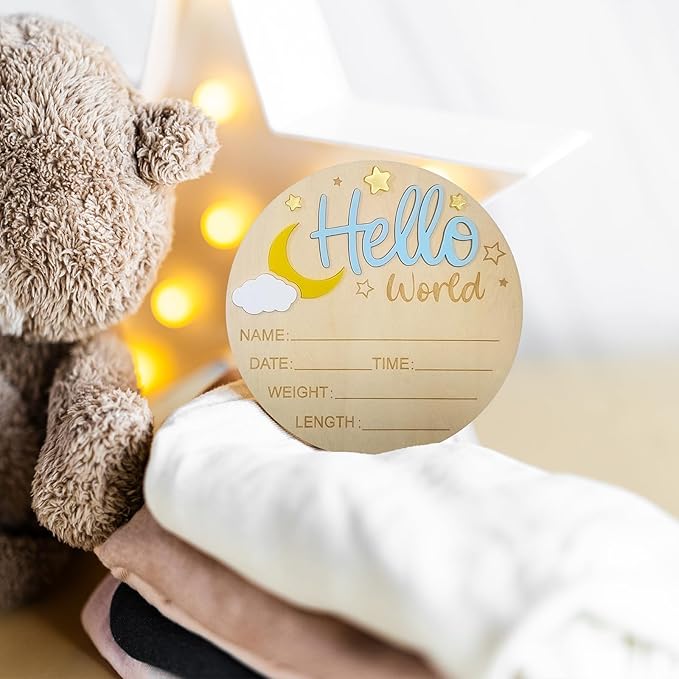 2Pcs Baby Announcement Sign Set, 5.9 Inch Hello World Newborn Sign and IT’S A Boy Welcome Signs, Baby Name Sign with Ink Pad for Hand & Footprints, 3D Wooden Birth Gifts for Hospital Shower Nursery