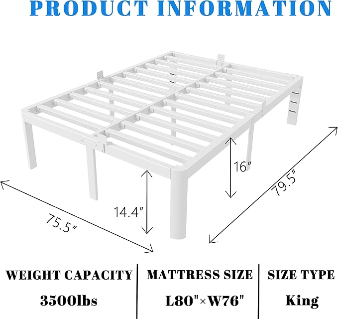 16 Inch White King Size Bed Frame, Metal King Bed Frame with Baffles, No Box Spring Needed, Heavy Duty Steel Platform Support, Round Corner Legs, Reserved Holes, Storage Space, Noiseless