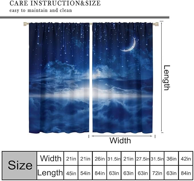 Star Night Sky Blackout Curtains, Moon Foggy Clouds Landscape Theme Print Window Drapes for Kids Girls Bedroom Living Room 72" W X 63" L